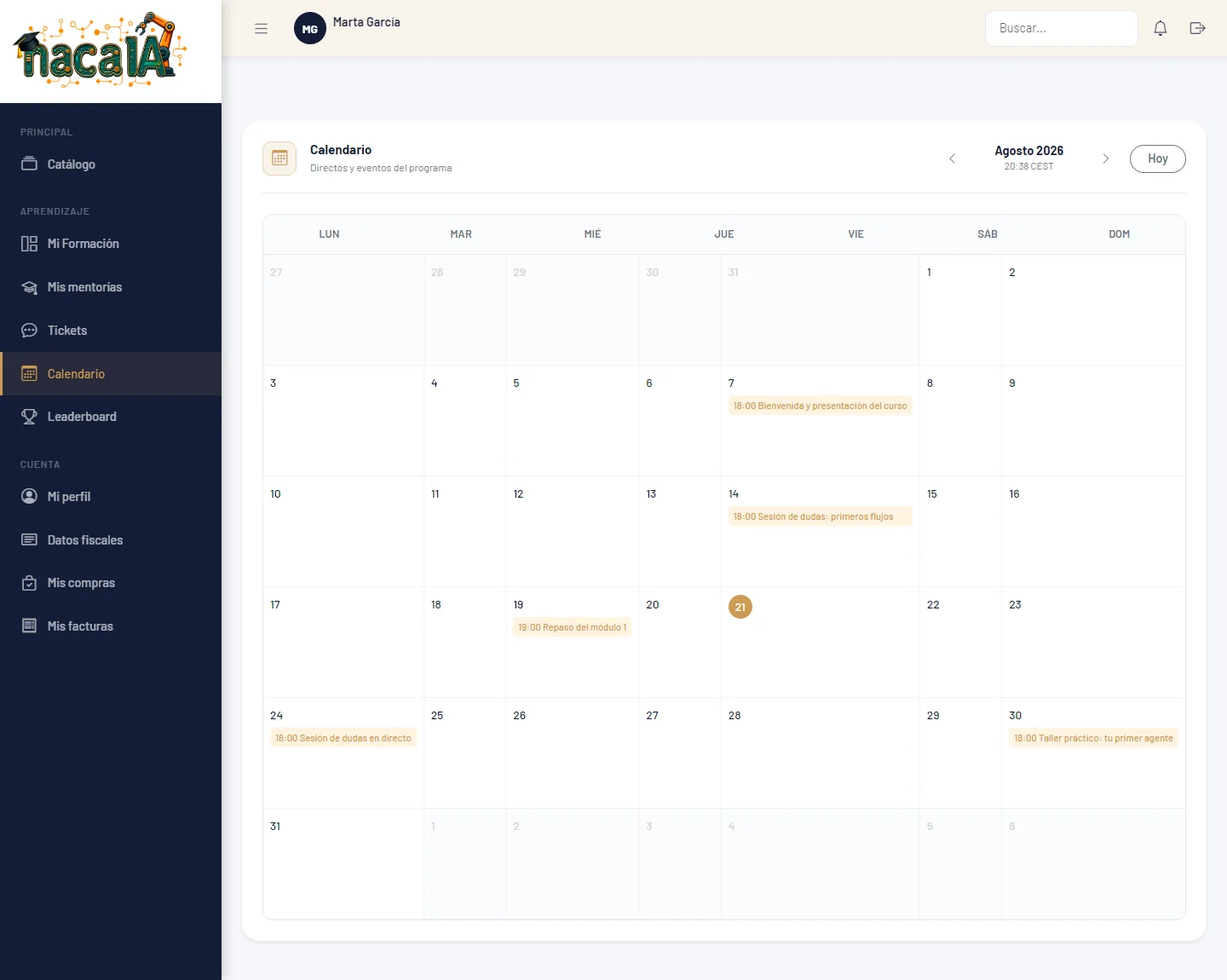 Calendario mensual con las sesiones en directo del curso.