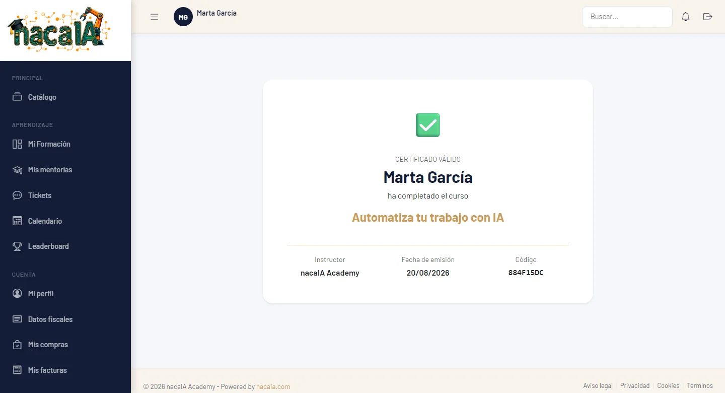 Página de verificación de un certificado de la Academy, mostrando el nombre, el curso y el código de verificación.