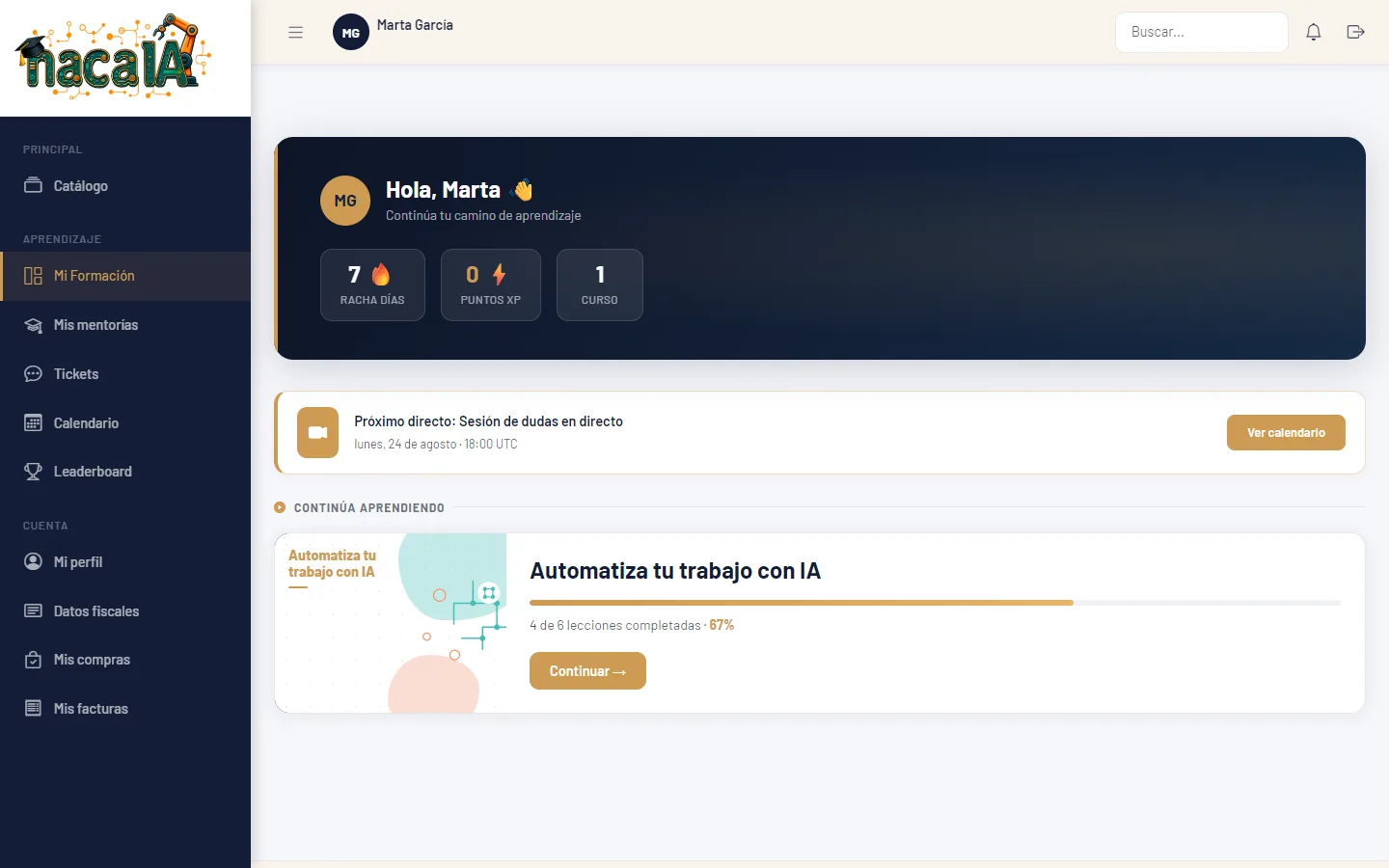 Panel de formación con el progreso del curso y el aviso del próximo directo.